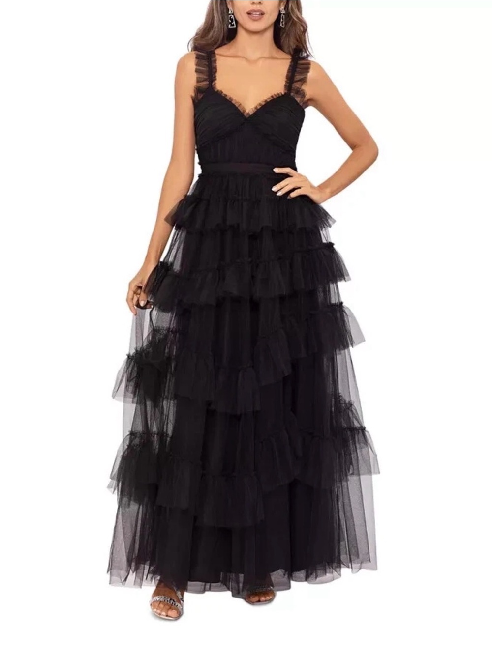 Betsey & Adam Black Ruffle Tulle Gown
